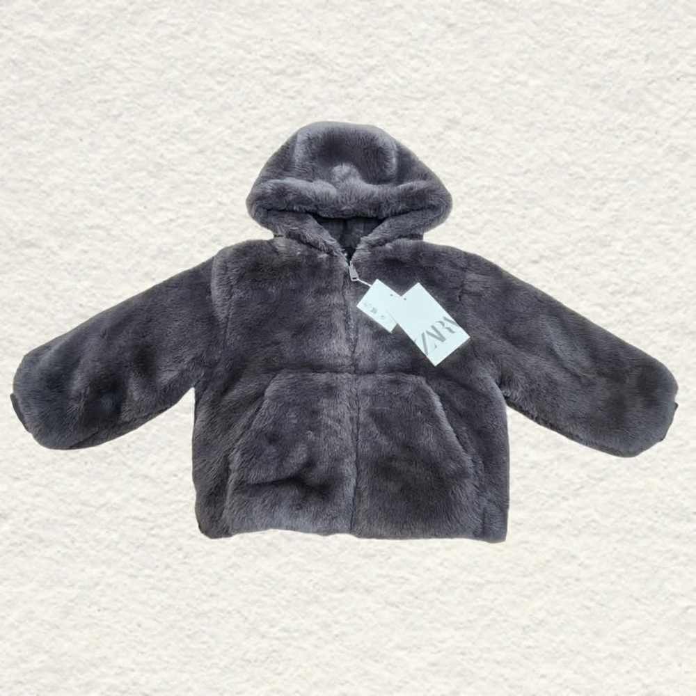 Zara Kids Gray Faux Fur Puffer Jacket